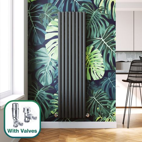 ELEGANT 1800 x 480 mm Anthracite Modern Tall Bar Rads Double Oval Panel Designer Bathroom Radiator + Chrome Thermostatic Radiator Valves (1/5)