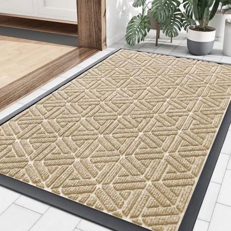 Tapis d'entrée robuste en caoutchouc naturel – Retient la saleté et l'humidité, facile à nettoyer, profil bas, motif géométrique quadrillé (35 x 23 pouces, beige)