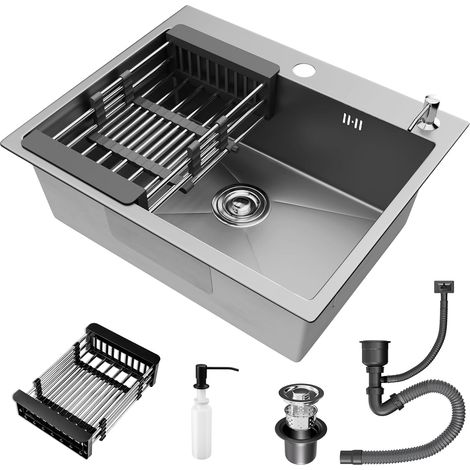 Évier de cuisine Moderne 1 Bac 55x45x19cm en Acier Inox Panier égouttoir réglable Noir Anthracite Trous pour Robinets et Distributeur de Savon (1/5)