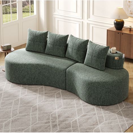 Canapé 240x109x60 cm vert en lin avec 4 coussins, porte-gobelets et poches latérales (1/5)