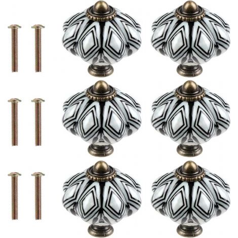 Set of 6 Black Round Ceramic Cabinet Knobs - Antique Pumpkin Style - Rustic Retro Style Cupboard and Drawer Knobs (1/5)