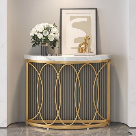 Metall-Konsolentisch – 110 × 35 × 80 cm – Halbkreisförmiger Konsolentisch – Tischplatte in Marmoroptik – Gold/Weiß – Flurtisch