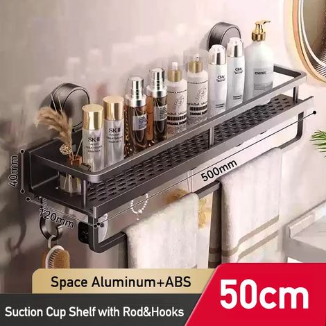 Étagère de salle de bain à ventouses (50 cm avec tige) en aluminium, sans perçage, pour douche, salle de bain ou toilettes. Organisateur mural. (1/5)