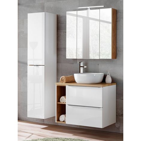 Ensemble meuble vasque + Armoire miroir + Grande armoire - 80 cm - Elise White - Livraison gratuite