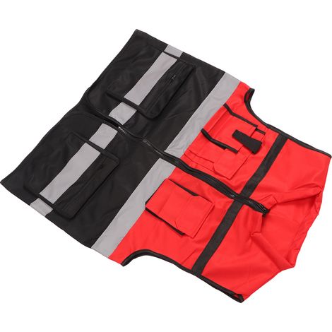 Gilet de sécurité réfléchissant rouge et noir, col rond, poches multiples, pour la construction et le transport. (1/5)