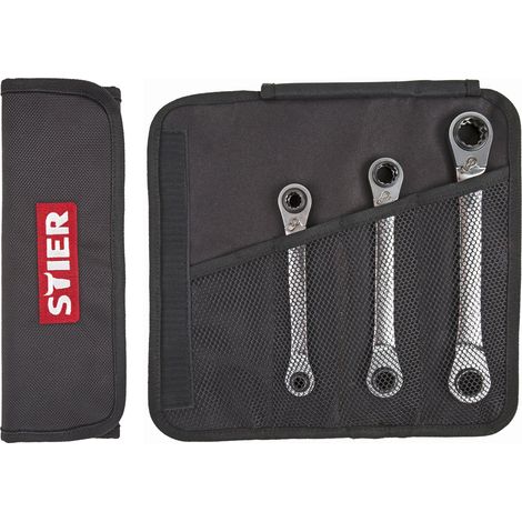 STIER Doppel Ring Ratschen Schlüssel Satz, 3-teilig, SW 9 10 13 14 17 18 mm, Kraft Spezial 4-in-1, 8-18mm aus Chrom-Vanadium-Stahl in Rolltasche (1/5)