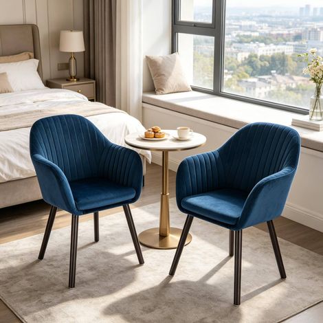 Chaise de salle à manger 40x40x81 cm en velours bleu, avec accoudoirs, moderne FLORAGRACE (1/5)