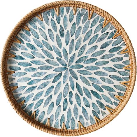 Plateau rond en rotin incrusté de nacre,bleu,plateau de service décoratif en osier , plateaux tressés pour pain, fruits et café (1/5)