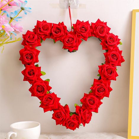 Guirlande En Forme De Cœur - Couronne De Roses Rouges En Rotin - Décoration De Porte Pour Saint-Valentin Mariage Fête De Couple - 33 Cm (1/5)