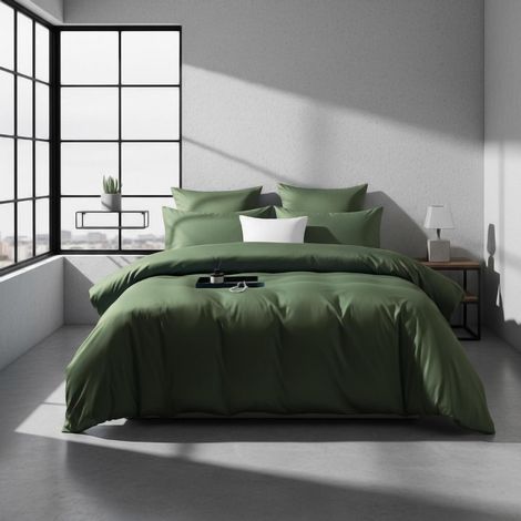 Bettwäsche 155x220 cm Mako Satin Dunkelgrün Uni Baumwolle 3-teilig mit Reißverschluss