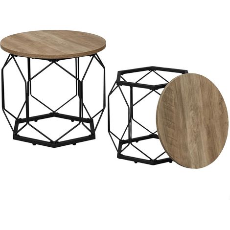 WOLTU Juego de 2 mesas de centro redondas con tablero extraíble en madera y metal, color gris