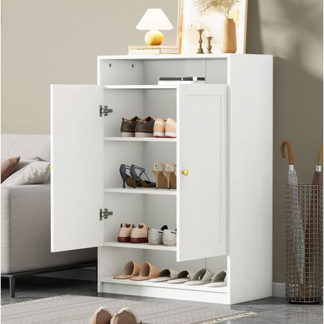 Zapatero 73x34x109 cm blanco con estantes regulables y tiradores metálicos, para recibidor (1/5)
