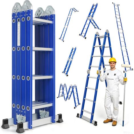 Échelle en Aluminium 6 en 1 sans Plateforme Bleu 4 x 4 Marches, Echelle Pliante 464 cm sans Plateforme, Échelle Polyvalente, Escabeau Pliable, Charge Maximale 150 kg (1/5)