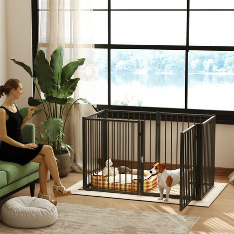 Recinto per cuccioli, area giochi per cani, recinto per cuccioli, 6 pannelli con porta, recinzione per cani pieghevole e portatile, in acciaio, nero