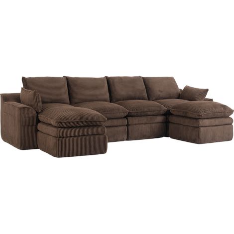 Canapé modulaire 4 places en velours côtelé marron avec 2 poufs, coussins et poches latérales (1/5)
