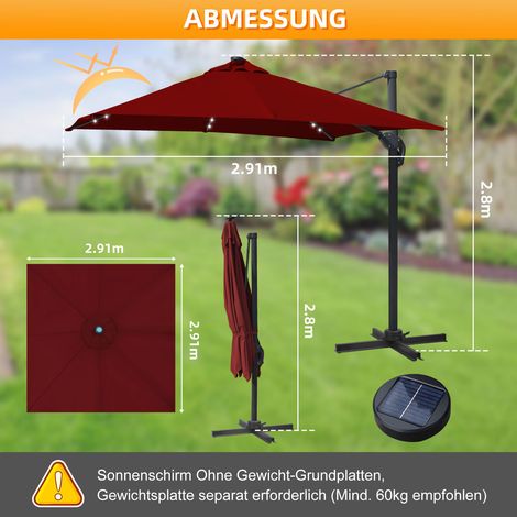 Wolketon Sonnenschirm Rot mit LED-Beleuchtung – Gartenschirm Ø300 cm, UV-Schutz, mit Kurbel & stabilem Mast