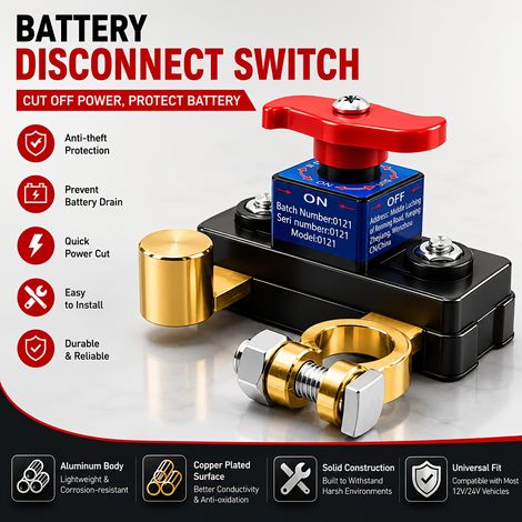 Battery Master Disconnect Switch - Aluminum Body with Copper-Plated Outer Negative Disconnect Switch, 12-24V, Advanced Disconnect/Power Off Switch for Efficient Battery Management (1/5)