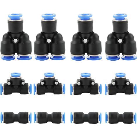 12 pcs Pneumatique Raccords de Tuyau Raccord, fixations pneumatique Push dans, Tuyau d'air pneumatique Raccord, 1/4 inch (6mm : Y+T+I Type Combo) (1/4)