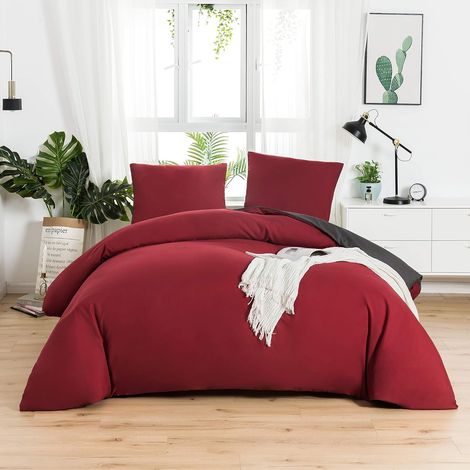 Housse de Couette Réversible 220x240 / 65x65x2 cm Rouge + Gris Foncé Parure de Lit Bicolore pour 2 Personnes Fermeture Éclair Sets de Housse Couette (1/5)