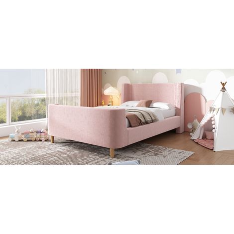 Lit pour enfants avec accoudoirs, lit individuel. Lit à la forme de traîne de ski, avec un motif cosmique. dimensions : 90 x 200 cm. Conçu pour les garçons et les filles. Couleur rose. Matériau : velo (1/5)