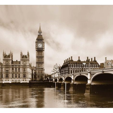 London, rideau imprimé Big Ben et la Tamise en noir et blanc sépia 280x245 cm, 2 pièces (1/3)