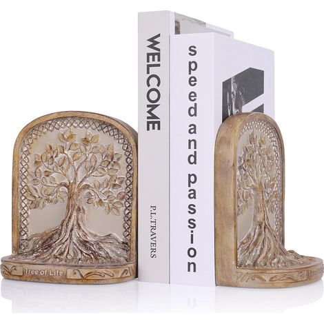 Serre-livres arbre de vie, couleur bois, 2 serre-livres antidérapants et lourds pour étagères ou bibliothèque, serre-livres élégants pour bibliothèque, bureau, décoration d'intérieur (1/5)