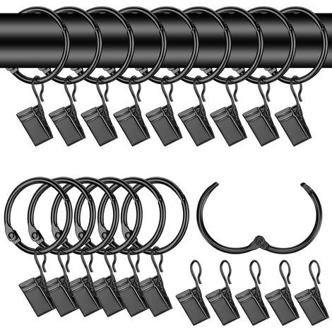 42 Pcs 32mm Anneaux Rideaux avec Pince Rideau, Anneau Rideau, Anneaux de Rideaux en Métal avec Clips à Rideaux, Pince a Rideaux Crochets Anneaux pour Tringle à Rideaux Douche Glissement - Noir (1/5)