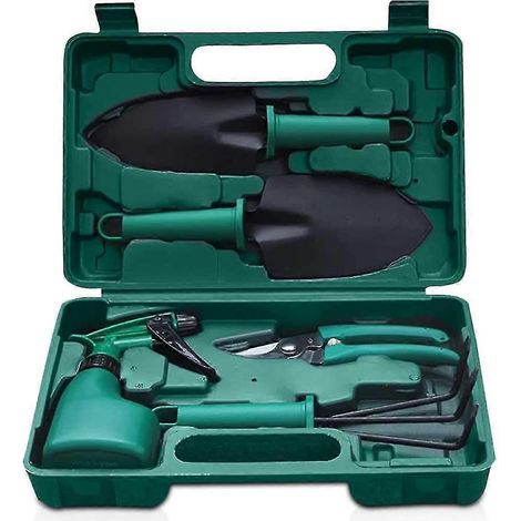 Ensemble de 5 outils de jardinage avec poignée antidérapante et étui de transport. Comprend une pelle, une pelle trompette, un râteau à main, un sécateur et un pulvérisateur (vert). (1/5)