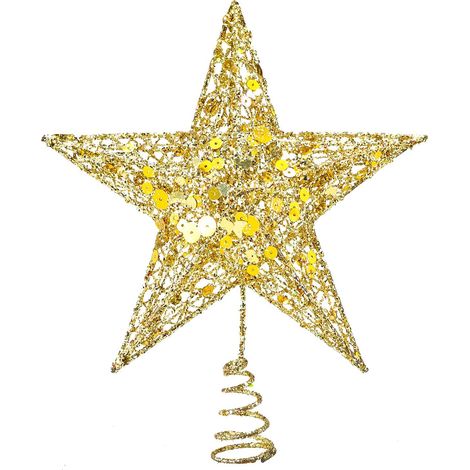 Étoile Pour Sommet Arbre De Noël - En Métal Doré À Paillettes - 20 cm - Support En Fil Spirale - 1 Pièce (1/5)