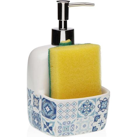 VERSA dosificador portaestropajo porcelana azurita , Dosificador Azurita, un elegante dispensador de cerámica con diseño mediterráneo que combina funcionalidad y estilo para la coc