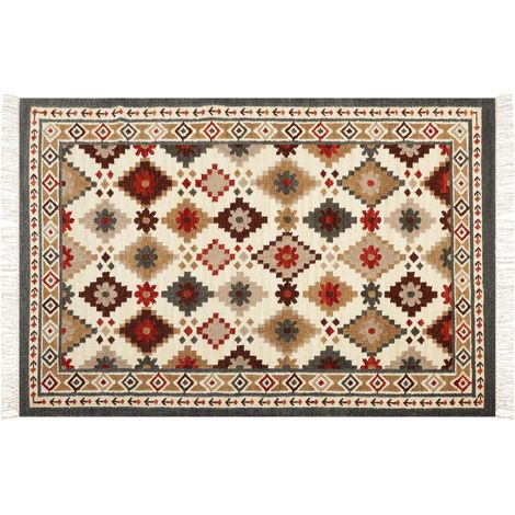 Alfombra kilim de lana beige rojo amarillo mostaza 200 x 300 cm a mano Ghukasavan (1/5)