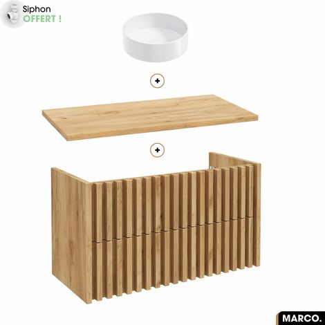 Otitec – Ensemble meuble sous vasque avec vasque à poser – Siphon offert – Bois FSC – 100 x 56 x 45 cm – 2 tiroirs à fermeture progressive - OAK 100 X (1/5)