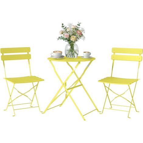 Ensemble Bistrot de Jardin 3 Pièces san Montage - Table et 2 Chaises Pliantes à Lattes en Métal avec Double Protection Antirouille - Mobilier de Balcon et Terrasse Chic, Jaune (1/5)