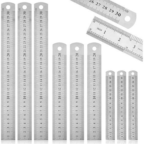 9 Pcs Stainless Steel Ruler, Metal Ruler 15 cm 20 cm 30 cm Double Sided Size Measuring Ruler for Students and Office (1/4)