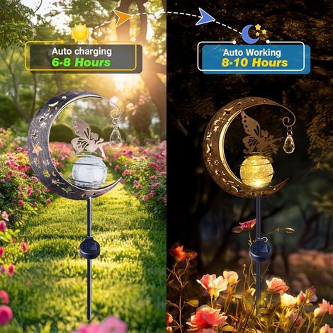 Solar-Gartenleuchte für den Außenbereich – Wetterfeste Mond-Solarleuchte – Mondlampe aus Metall mit LED-Glaskugel – Elfen-Dekoration für Terrasse, Balkon, Weg und Rasen – Silber – 1 Stück (1/5)