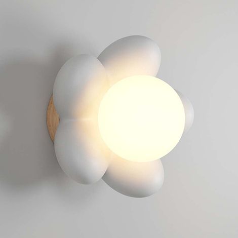 Applique Murale LED Fleur Chambre d'enfant Décoration G9 Lampe Murale Moderne Design De Fleur De Dessin Animé avec Base en Bois Verre Abat-Jour,Blanc (1/5)