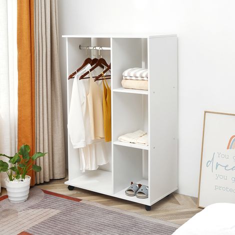 Portant à vêtements penderie Mobile avec roulettes 3 étagères latérales + Grand Espace penderie Panneaux Particules Blanc - Modèle