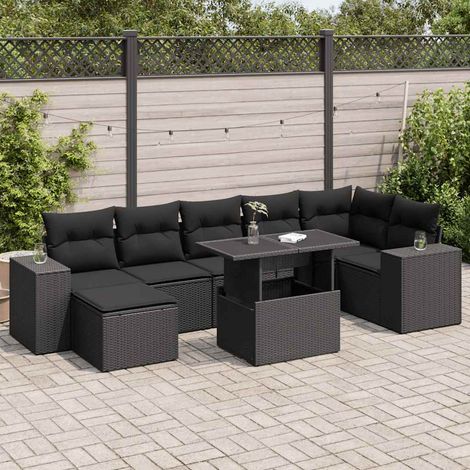 Salon de jardin 8 pièces en résine tressée noire avec coussins et table relevable, 77.4kg - PANGIVO (1/5)