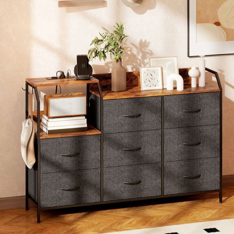 Commode rustique marron et noir, 8 tiroirs en tissu, cadre acier robuste, station de charge intégrée