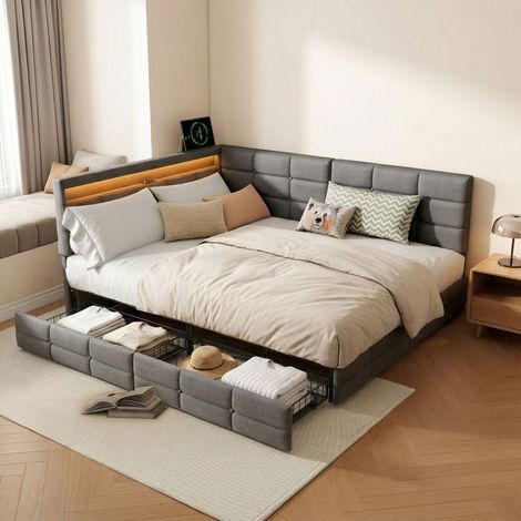 Letto 140x190 - 2 cassetti - Testiera e rete a doghe - Porta USB e LED integrato - Lino grigio - 2 persone