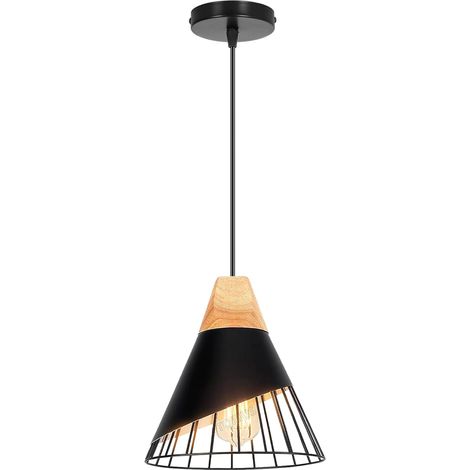 1 Suspension Luminaire Bois Métal Cage Vintage Ø25cm E27 Réglable pour Cuisine Salon Chambre