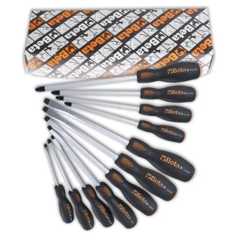 Beta 1243/S11 – Jeu de 11 tournevis plats et cruciformes, tête en acier, manche bi-matière – outils robustes pour l’atelier et les travaux lourds (1/4)