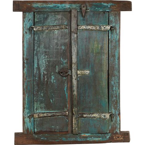 Solid wood and old medieval iron window grille with interior or exterior frame (1/5)