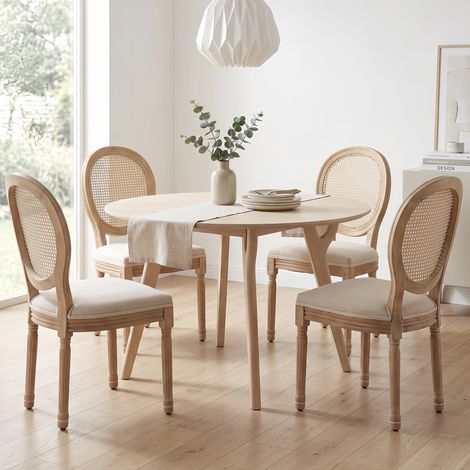 Lot de 4 Chaises en Rotin, Chaises Dossier en cannage confortable - cadre en bois massif avec finition vieillie - assise rembourrée en lin, Beige (1/5)