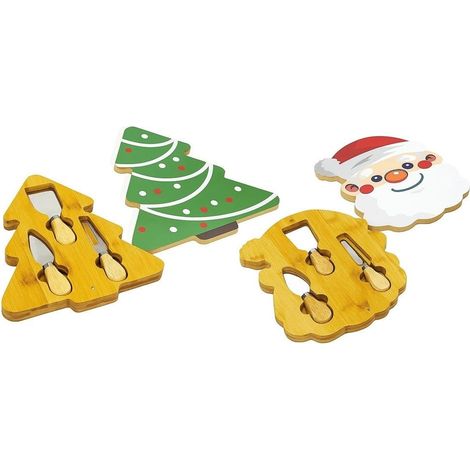 TRADE SHOP - Tagliere Natalizio Con Accessori Coltelli Per Formaggi Set Regalo Babbo Natale Albero - (1/5)