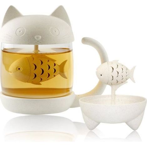Tasse à thé en verre de chat Bouteille d\'eau-Avec filtre de filtre à infusion de pain de poisson 350ML (8 oz)