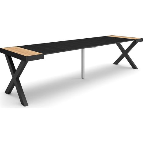 Skraut Home – Table console extensible 302x90x73cm – Pour 14 personnes – Pieds en bois massif – Finition chêne et noir – Mécanisme télescopique (1/5)