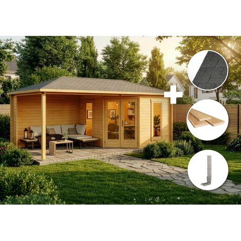 ECO Set - Abri de jardin pentagonal Liwa imprégné Pinie Imprégné, 40 mm Épaisseur paroi 614 x 317 cm (1/5)
