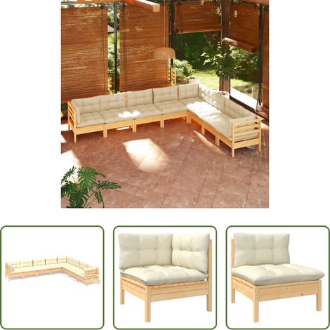 Terrassensofa - 8-tlg. Garten-Lounge-Set mit Creme Kissen Massivholz Kiefer (1/5)