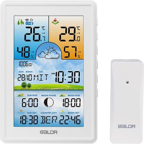 Stazione meteorologica wireless con termometro, igrometro, orologio, calendario delle fasi lunari, sveglia con funzione snooze, colore bianco.